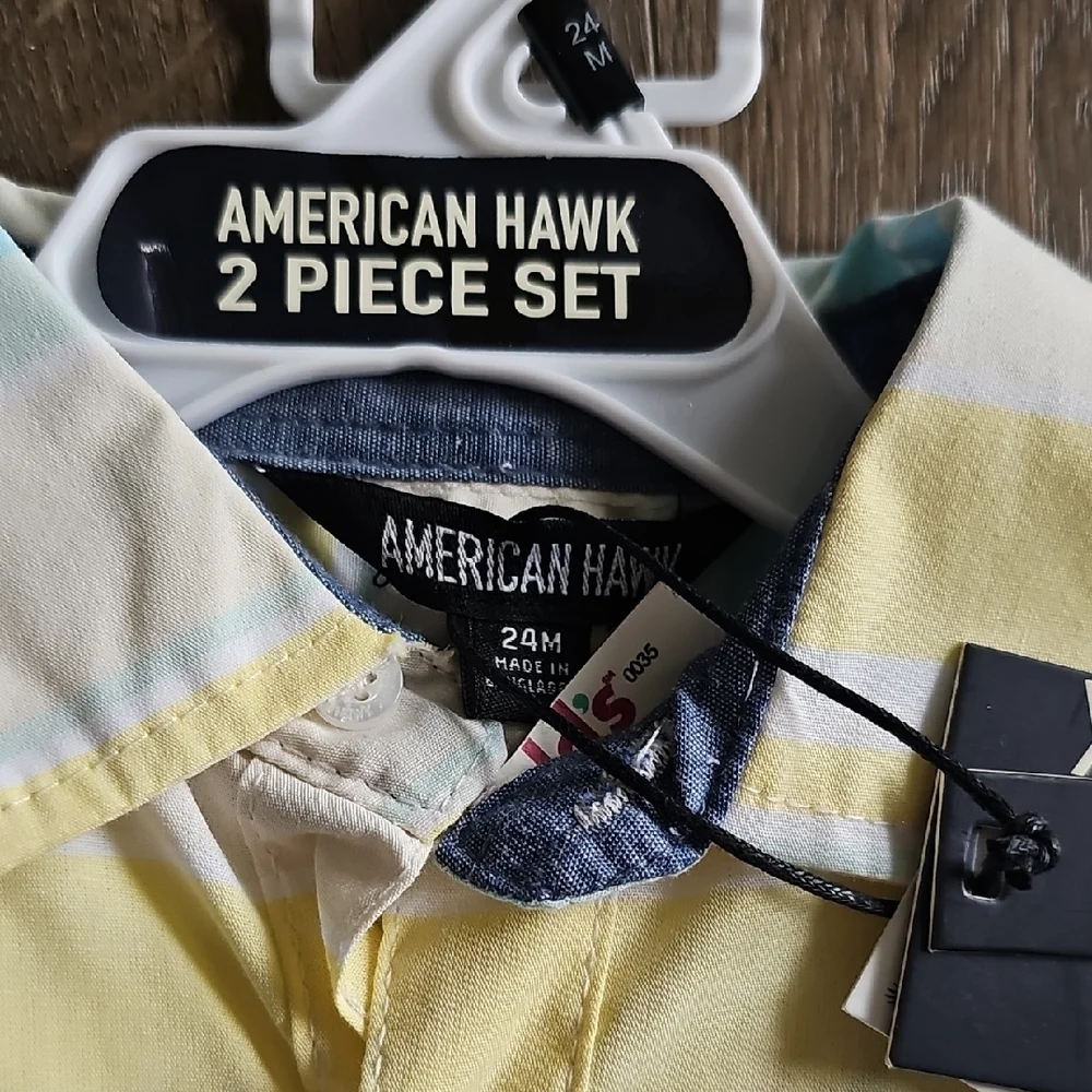 NWT 2 PIECE Pant Set American Hawk Shirt Tan Pants 24 months Boy Joggers Toddler